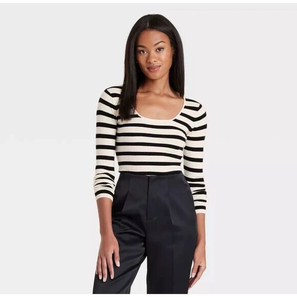 A New Day Women's Square Neck Pullover Sweater Black/Cream Striped 3x NWT Ribbed - Picture 1 of 3